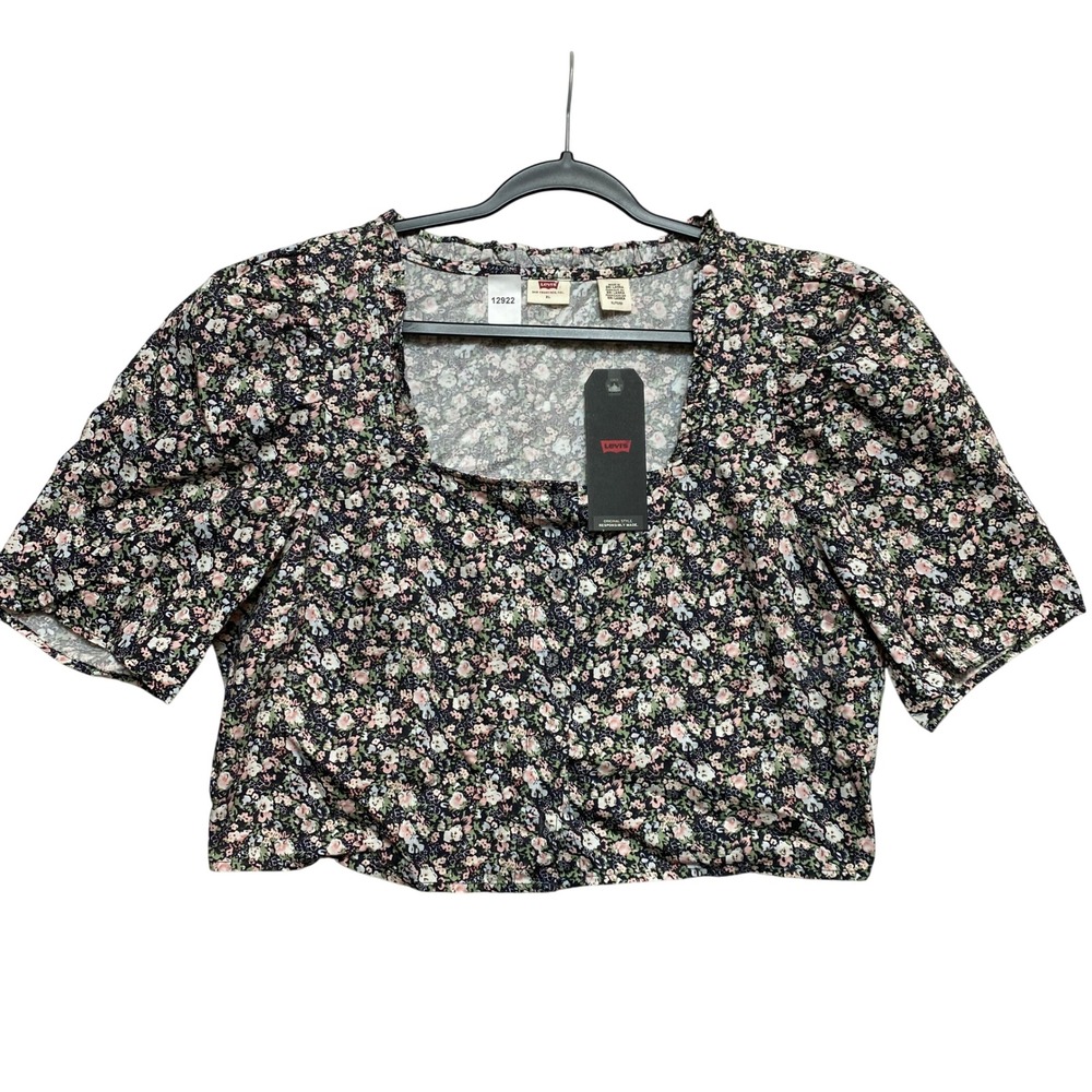 Levis Top Womens XL Black Floral A06700001 Puff Sleeve Button-Down Crop Top
